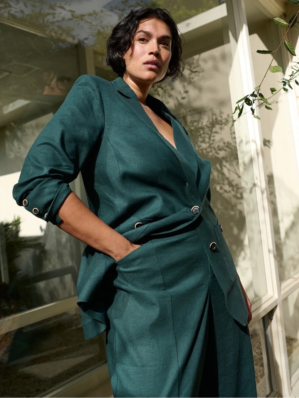 New Universal Standard Coastal Linen Blazer Size Small Forest Green